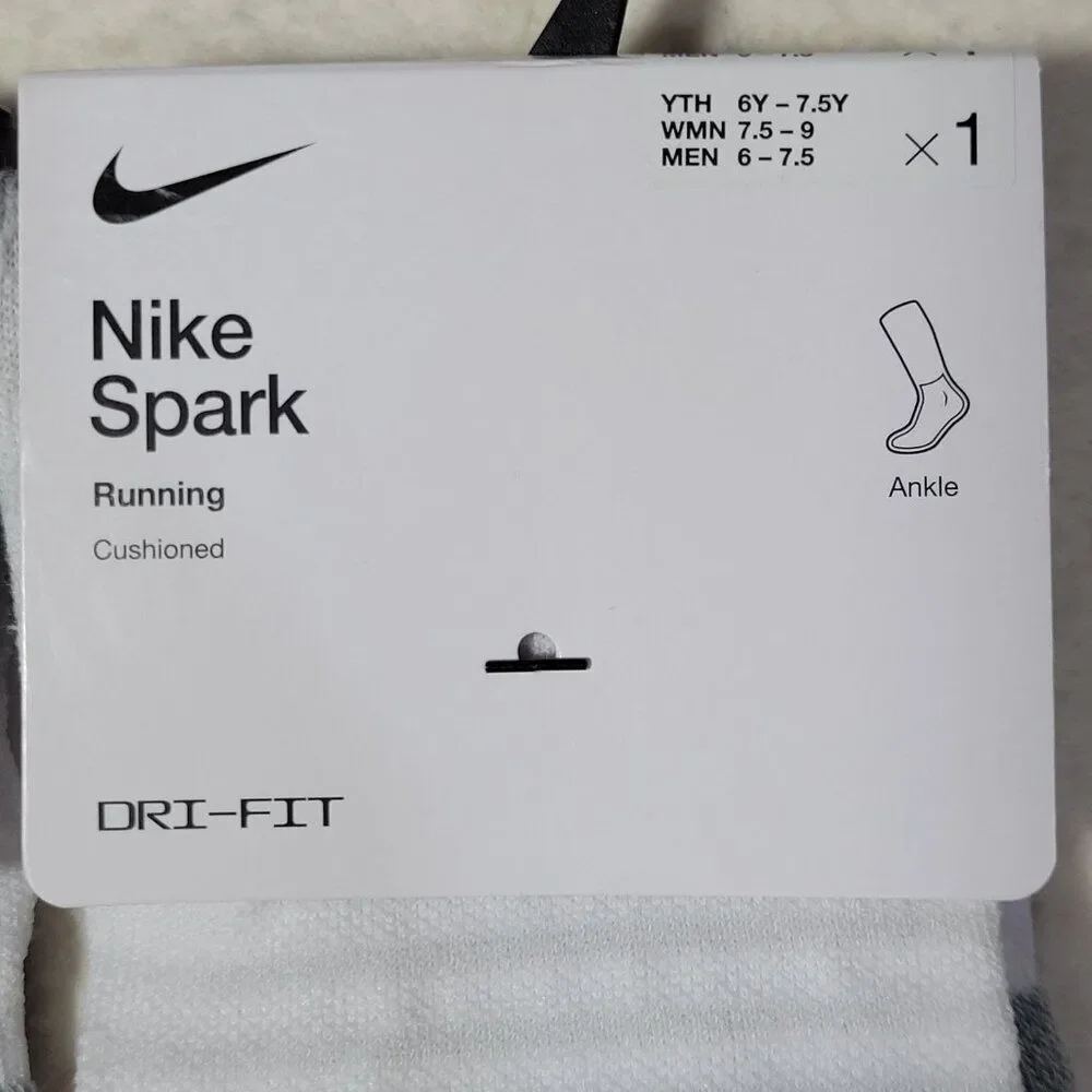 Nike Spark Cushioned Running Ankle Socks Women 7.5-9 Men 6-7.5 Yth 6Y-7.5Y 2Pair